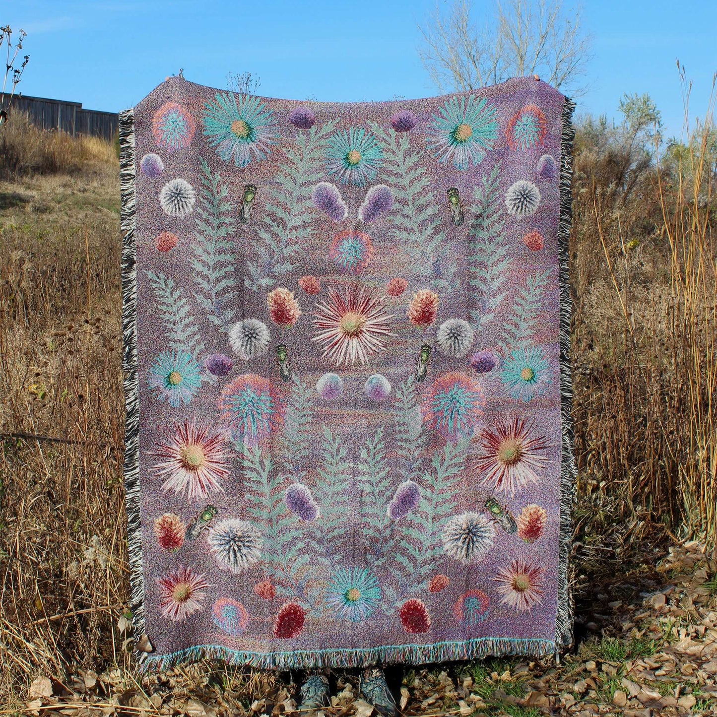Sonorous Love, Acid Prairie, Floral, boho, and vibrantly crafted, a warm, inviting throw blanket of prairie pollinators in full bloom; purple, mauve, pink, blue and green. 100% cotton, made in USA and eco-friendly
