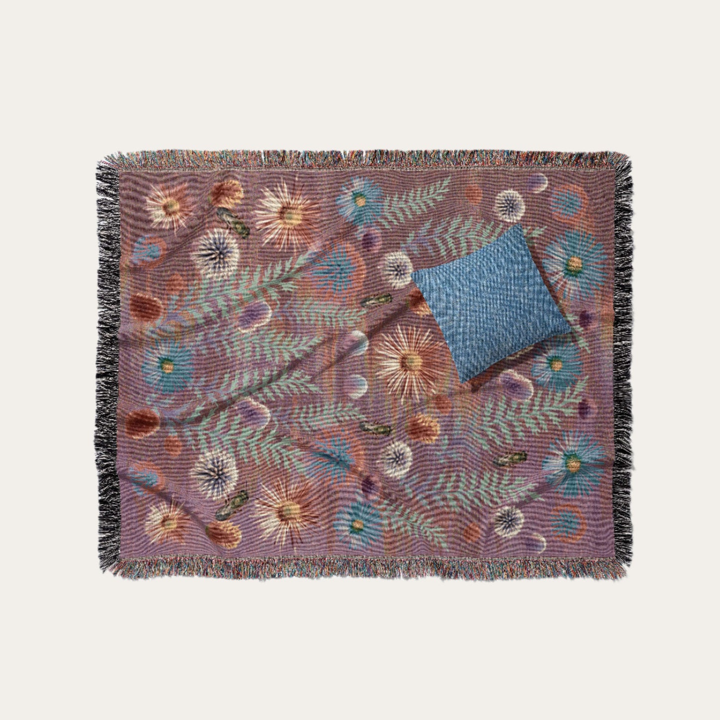 Sonorous Love, Acid Prairie, Floral, boho, and vibrantly crafted, a warm, inviting throw blanket of prairie pollinators in full bloom; purple, mauve, pink, blue and green. 100% cotton, made in USA and eco-friendly