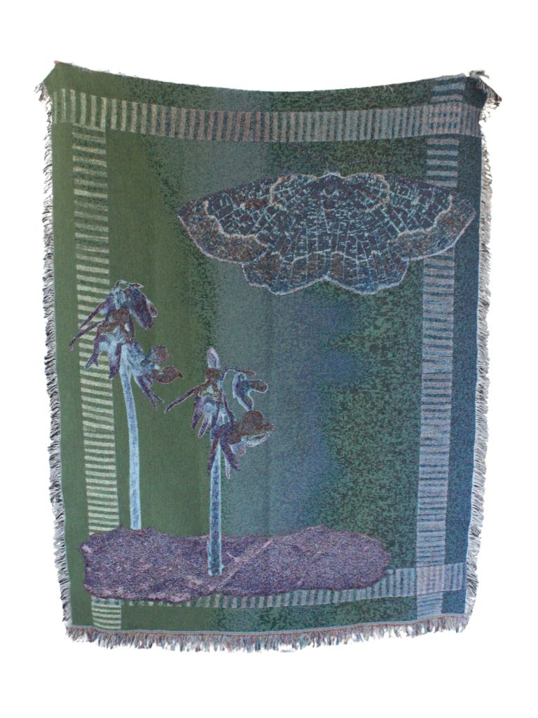 Sunset Moth and Orchid with two rare species: the Dark Bordered Beauty moth and the Ghost Orchid; collage inspired. eco-friendly cotton woven throw blanket. Blanket held up in reverse colors of green, blue, cream, and browns.