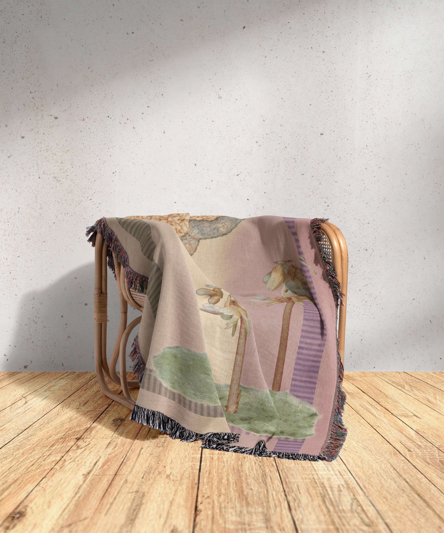 Sonorous Love, Sunset Moth + Orchid, designed to honor two rare species: the Dark Bordered Beauty and the Ghost Orchid; mauve purple and pink with green moss collage with yellow moth. eco-friendly cotton woven throw blanket