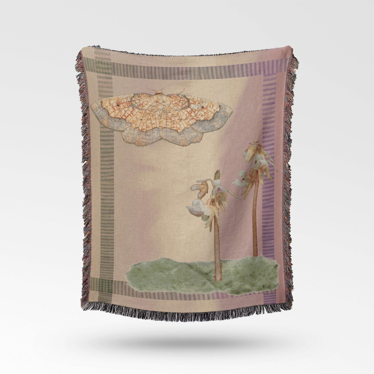 Sonorous Love, Sunset Moth + Orchid, designed to honor two rare species: the Dark Bordered Beauty and the Ghost Orchid; mauve purple and pink with green moss collage with yellow moth. eco-friendly cotton woven throw blanket