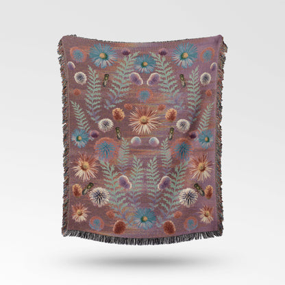 Sonorous Love, Acid Prairie, Floral, boho, and vibrantly crafted, a warm, inviting throw blanket of prairie pollinators in full bloom; purple, mauve, pink, blue and green. 100% cotton, made in USA and eco-friendly