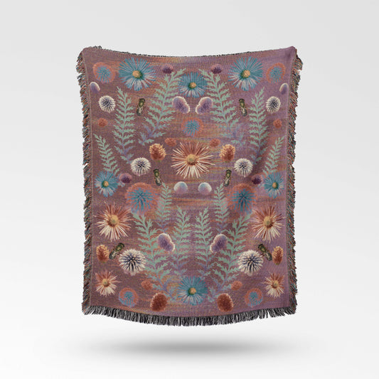 Sonorous Love, Acid Prairie, Floral, boho, and vibrantly crafted, a warm, inviting throw blanket of prairie pollinators in full bloom; purple, mauve, pink, blue and green. 100% cotton, made in USA and eco-friendly