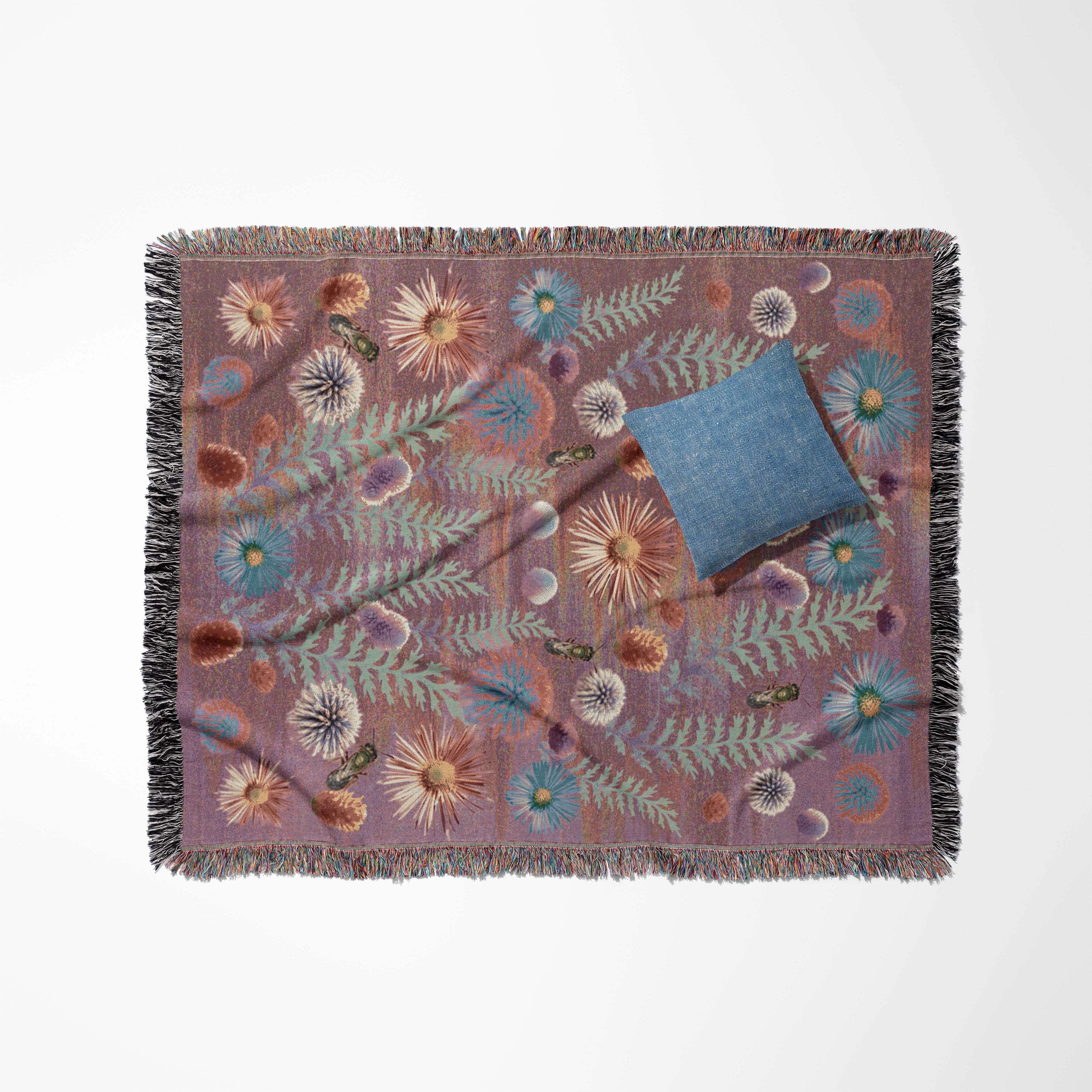 Sonorous Love, Acid Prairie, Floral, boho, and vibrantly crafted, a warm, inviting throw blanket of prairie pollinators in full bloom; purple, mauve, pink, blue and green. 100% cotton, made in USA and eco-friendly