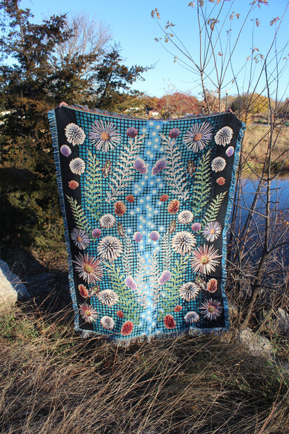 Sonorous Love, Digital Prairie, Floral, boho, and beautifully unique prairie landscapes and pollinators combines with modern digital imagery. Colorful and vibrant blue, white, pink, red, and purple. eco-friendly woven cotton blanket. 