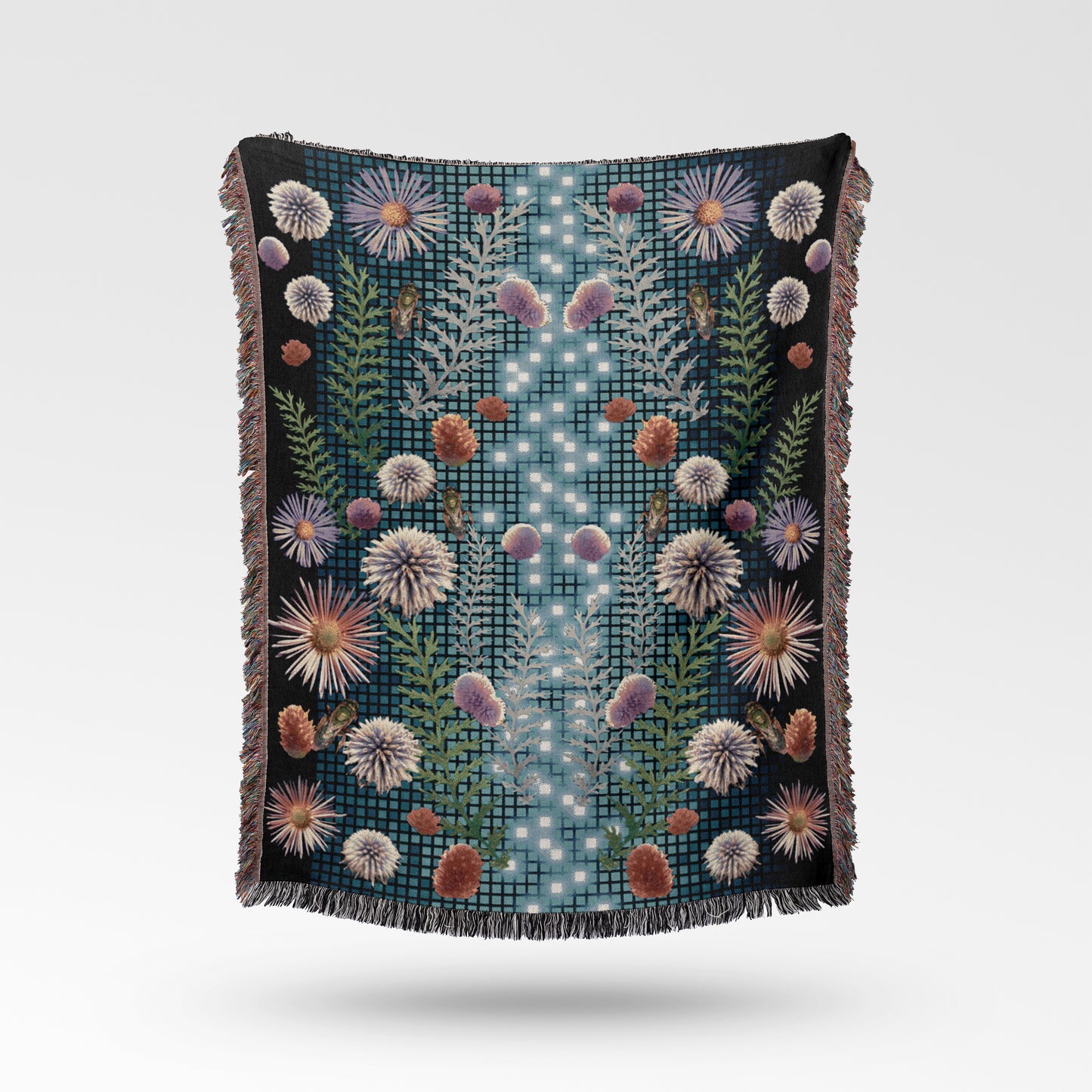 Sonorous Love, Digital Prairie, Floral, boho, and beautifully unique prairie landscapes and pollinators combines with modern digital imagery. Colorful and vibrant blue, white, pink, red, and purple. eco-friendly woven cotton blanket. 