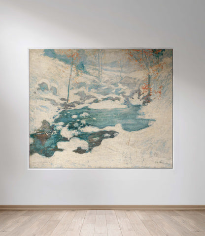 Sonorous Love, Icebound by John Henry Twachtman, featuring a serene abstract artwork winter scene with curves of ice and snow; white, blue and orange leaves. eco-friendly cotton woven blanket