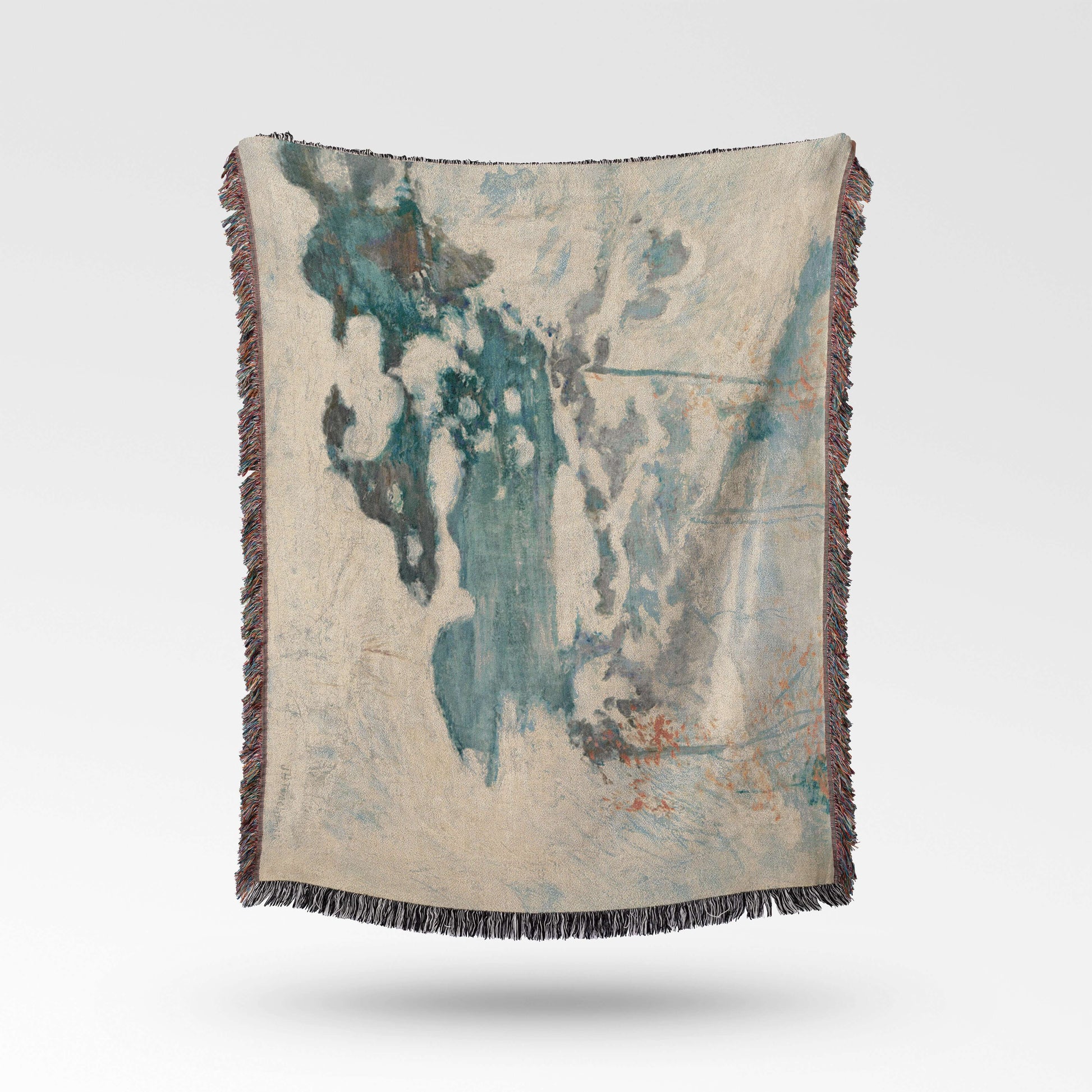 Sonorous Love, Icebound by John Henry Twachtman, featuring a serene abstract artwork winter scene with curves of ice and snow; white, blue and orange leaves. eco-friendly cotton woven blanket