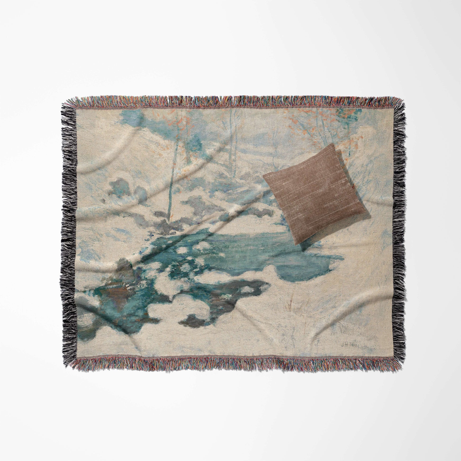 Sonorous Love, Icebound by John Henry Twachtman, featuring a serene abstract artwork winter scene with curves of ice and snow; white, blue and orange leaves. eco-friendly cotton woven blanket