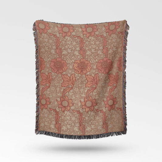 Sonorous Love, intricate, vibrant floral design Kennet by William Morris. Gold and salmon red foliage, cotton woven blanket, eco-friendly