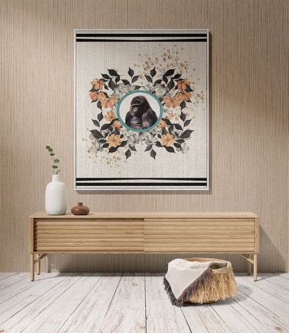 Sonorous Love, Majesty, inspired by the beauty of the endangered Mountain Gorilla, gentle giants of central Africa. Natural, stripe and floral portrait with sherbet orange pearls; eco-friendly woven throw blanket