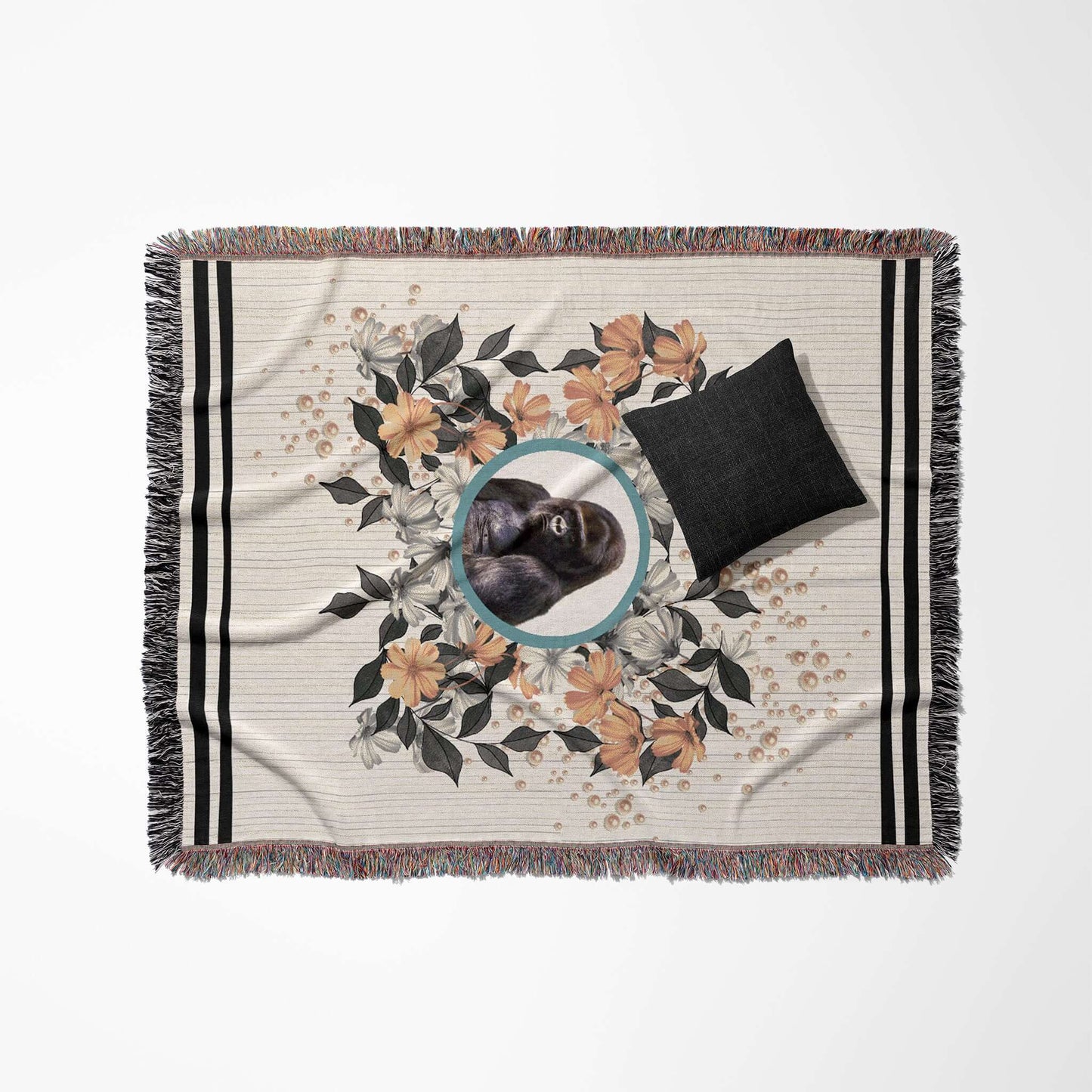 Sonorous Love, Majesty, inspired by the beauty of the endangered Mountain Gorilla, gentle giants of central Africa. Natural, stripe and floral portrait with sherbet orange pearls; eco-friendly woven throw blanket