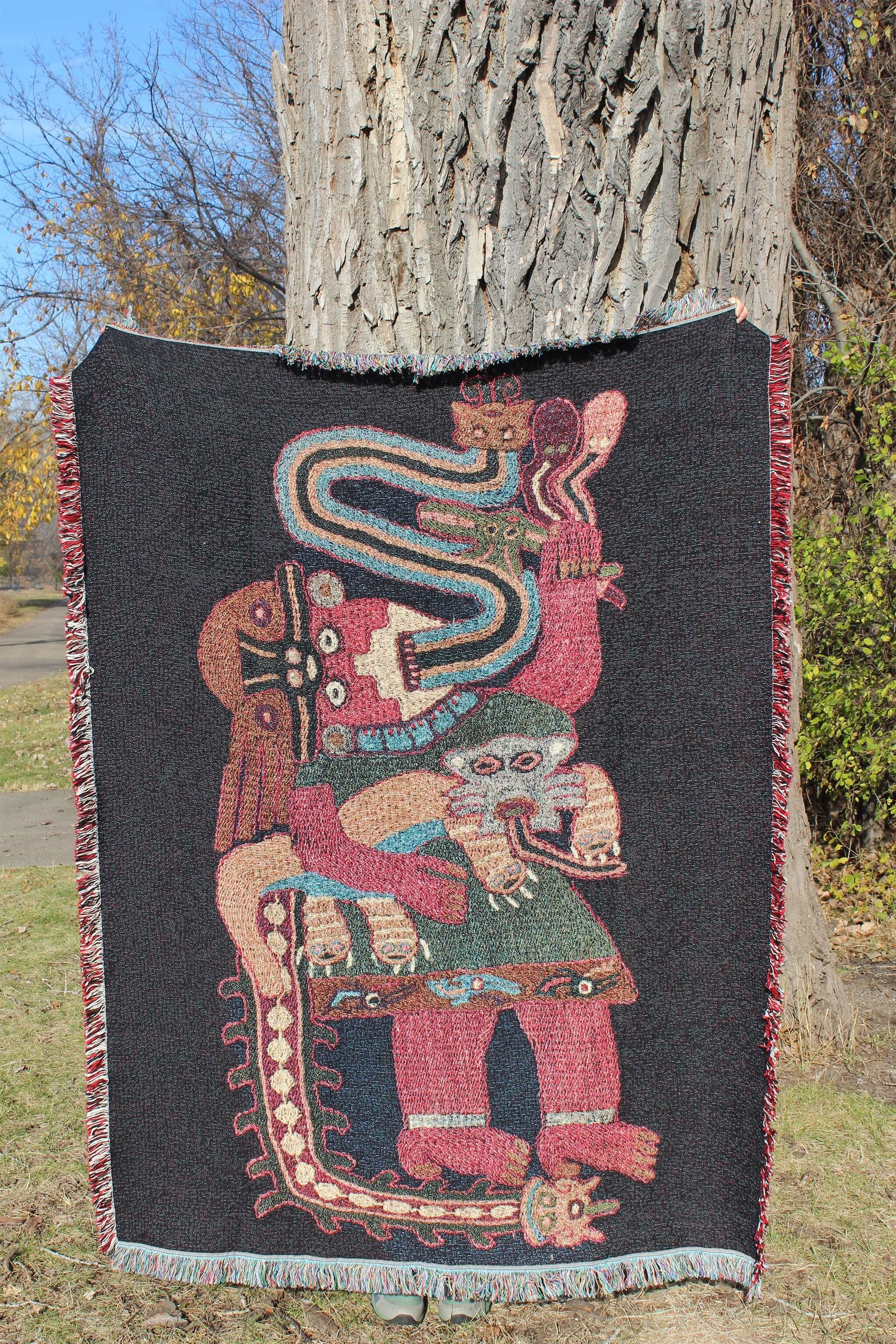 Sonorous Love, Paracas Mantle of Peru, woven blanket, 100% cotton, eco-friendly, colorful, black, red, bold cultural characters. Shaman, snake animal