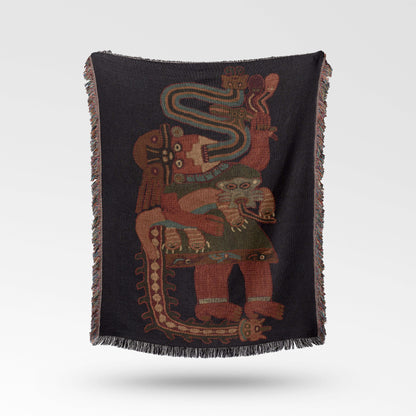 Sonorous Love, Paracas Mantle of Peru, woven blanket, 100% cotton, eco-friendly, colorful, black, red, bold cultural characters. Shaman, snake animal