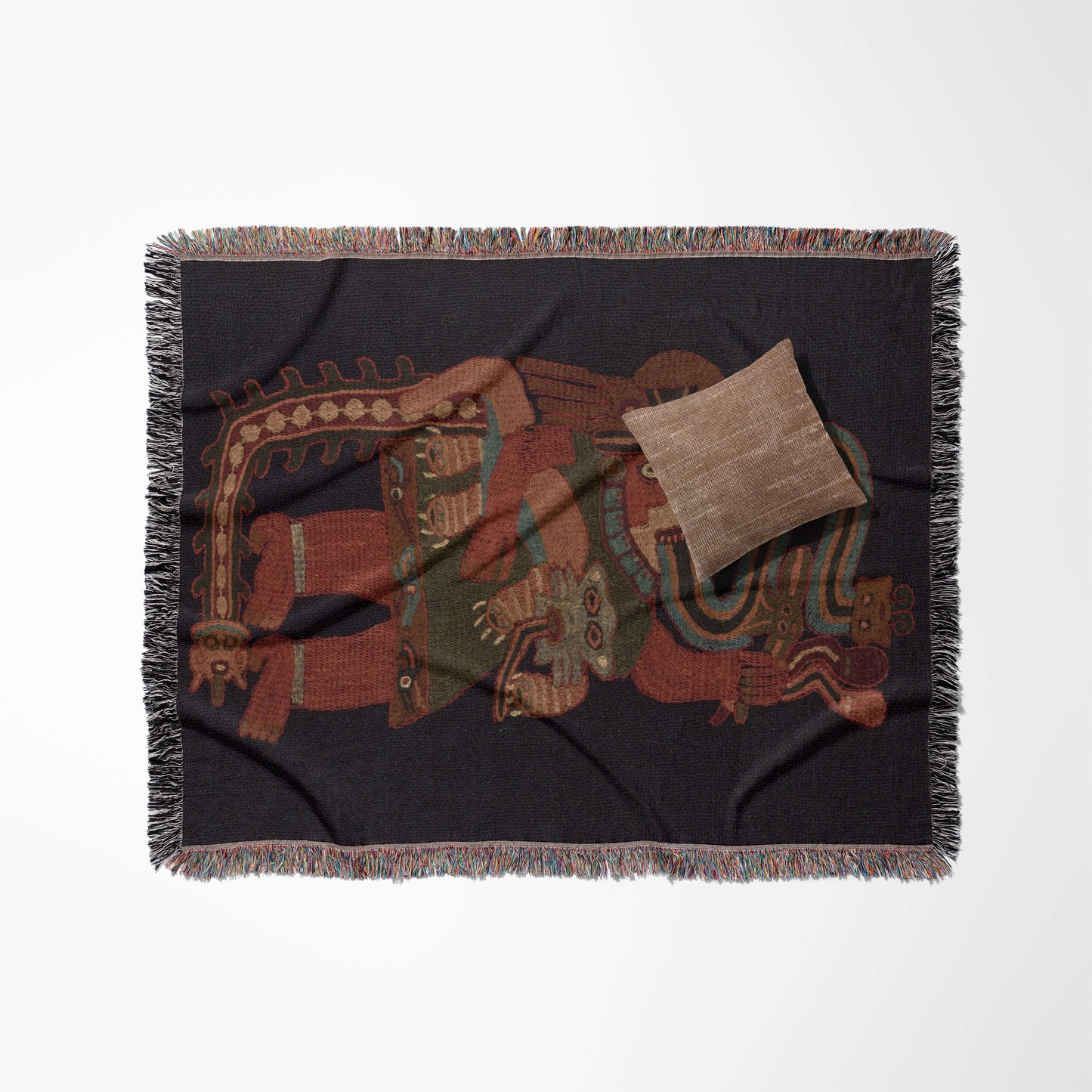 Sonorous Love, Paracas Mantle of Peru, woven blanket, 100% cotton, eco-friendly, colorful, black, red, bold cultural characters. Shaman, snake animal