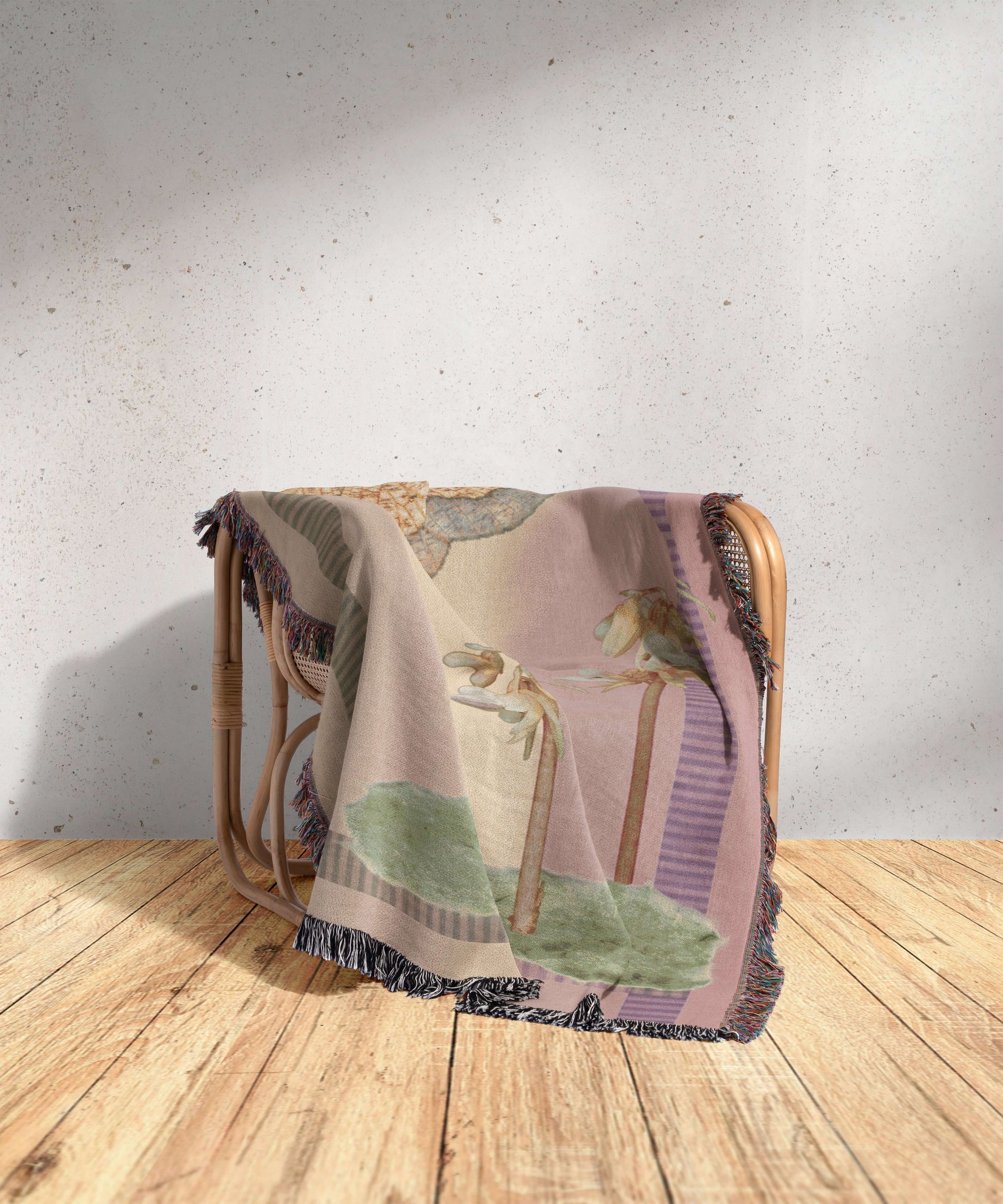 Sonorous Love, Sunset Moth + Orchid, designed to honor two rare species: the Dark Bordered Beauty and the Ghost Orchid; mauve purple and pink with green moss collage with yellow moth. eco-friendly cotton woven throw blanket