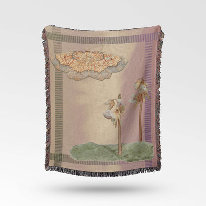 Sonorous Love, Sunset Moth + Orchid, designed to honor two rare species: the Dark Bordered Beauty and the Ghost Orchid; mauve purple and pink with green moss collage with yellow moth. eco-friendly cotton woven throw blanket