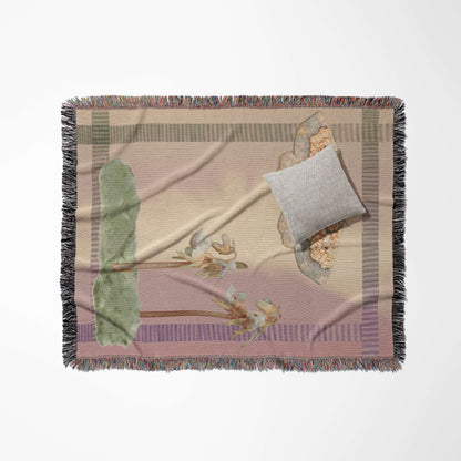 Sonorous Love, Sunset Moth + Orchid, designed to honor two rare species: the Dark Bordered Beauty and the Ghost Orchid; mauve purple and pink with green moss collage with yellow moth. eco-friendly cotton woven throw blanket